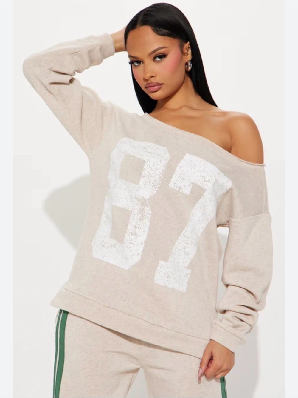 Fashion Nova Beige Off-Shoulder '87 Graphic Sweater